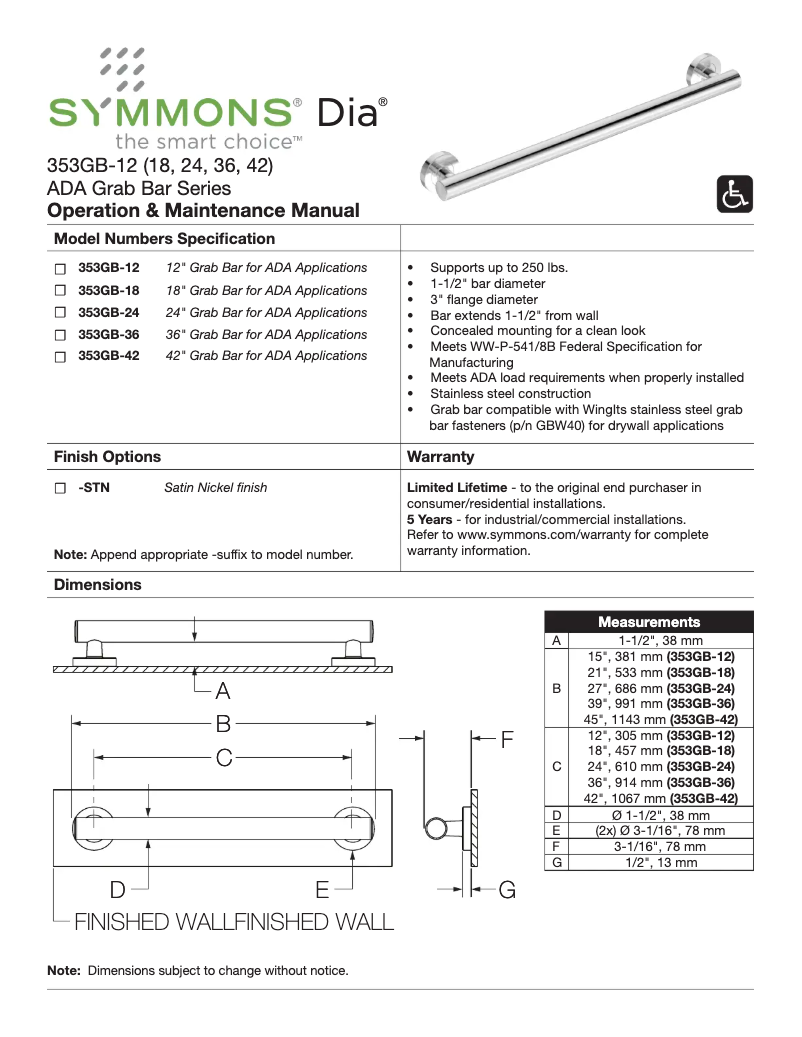 Page n°1 - Manuel utilisateur Symmons Dia 353GB-36