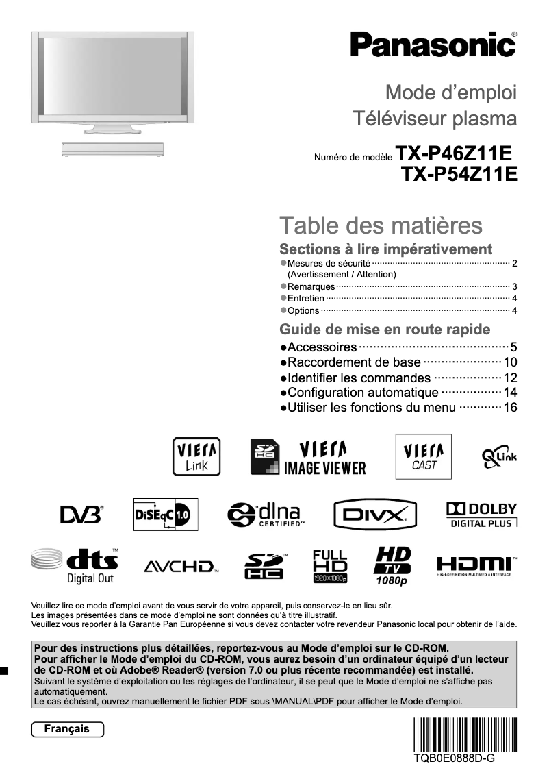Page 1 de la notice Manuel utilisateur Panasonic TX-P46Z11E
