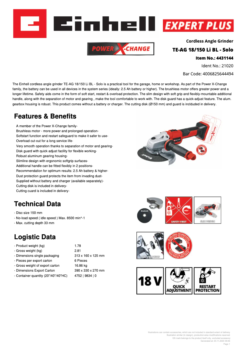 Image de la première page du manuel de l'appareil TE-AG 18/150 Li BL