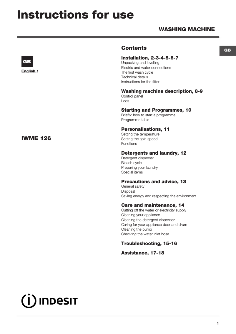 Page n°1 - Manuel utilisateur Indesit IWME 126 (UK)