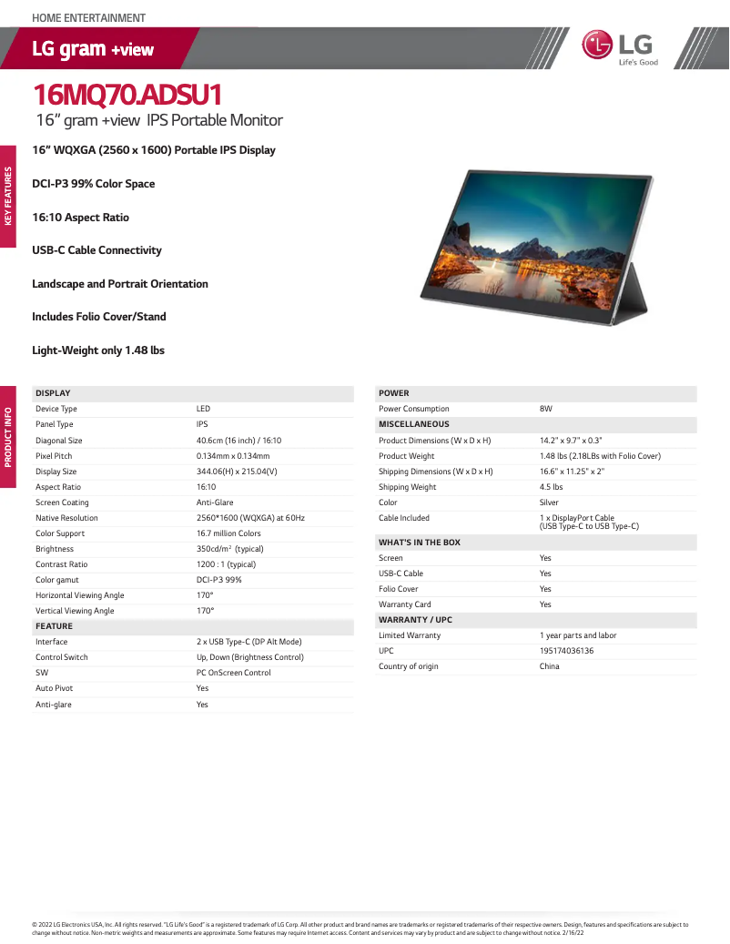 Page n°1 - Fiche technique LG Gran +View 16MQ70