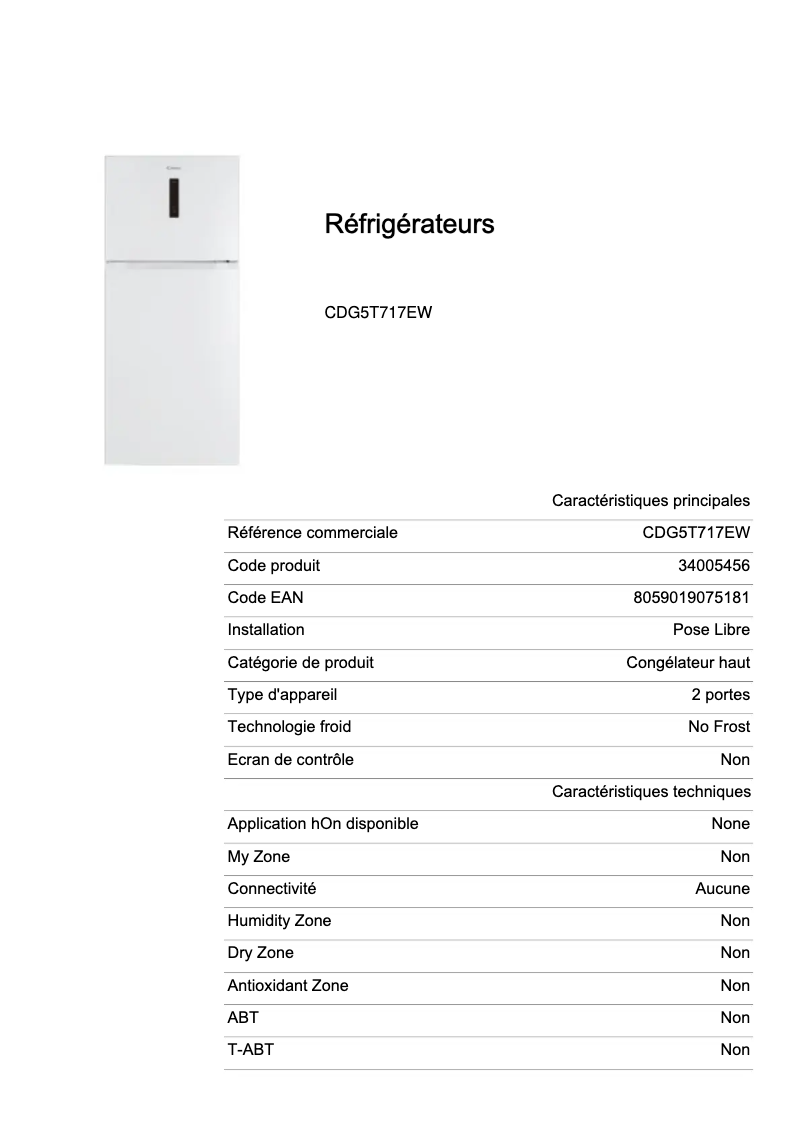 Page 1 de la notice Fiche technique Candy CDG5T717EW