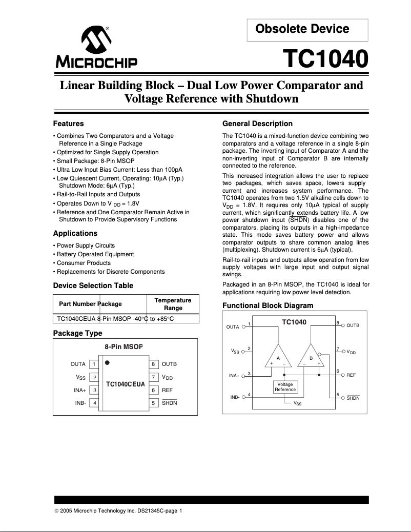 Page 1 de la notice Fiche technique Microchip TC1040