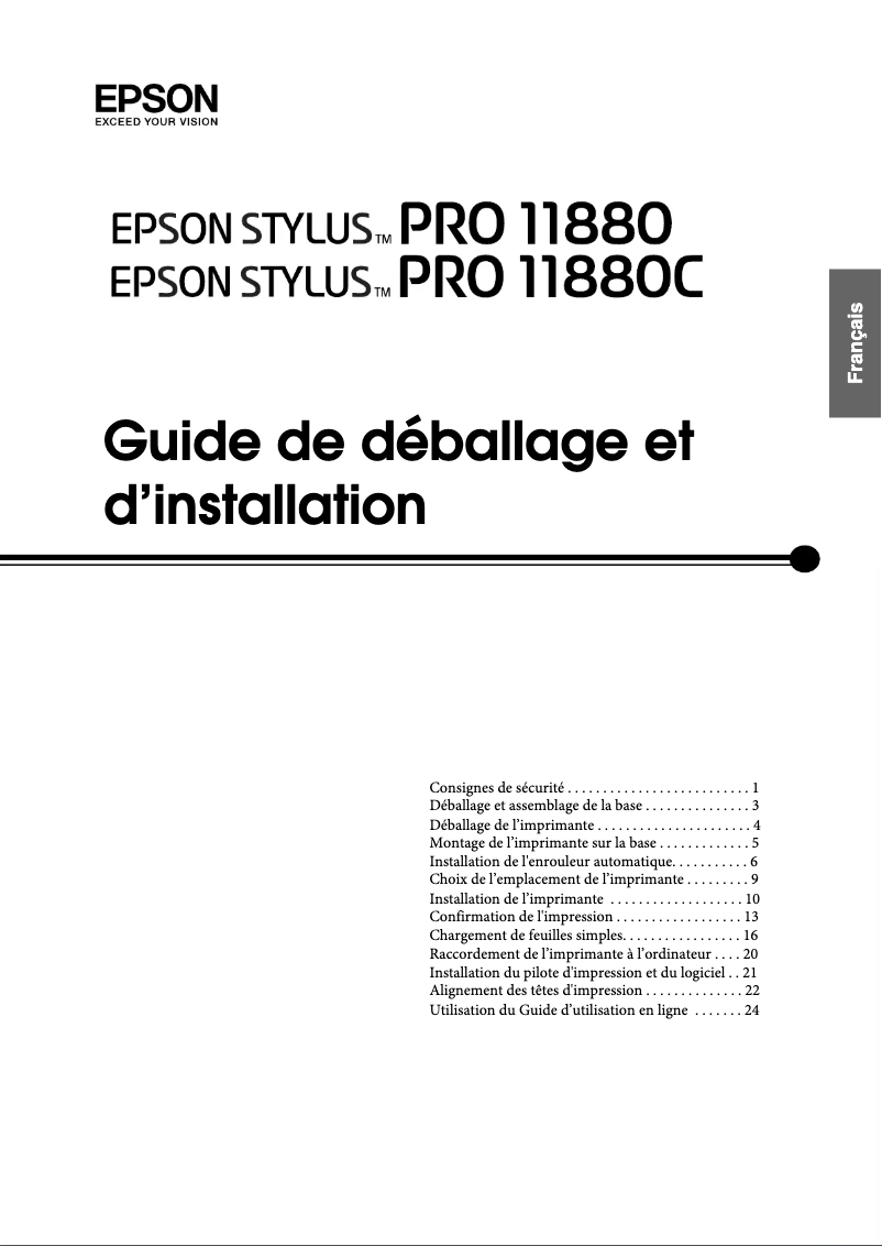 Page 1 de la notice Guide d'installation Epson Stylus Pro 11880