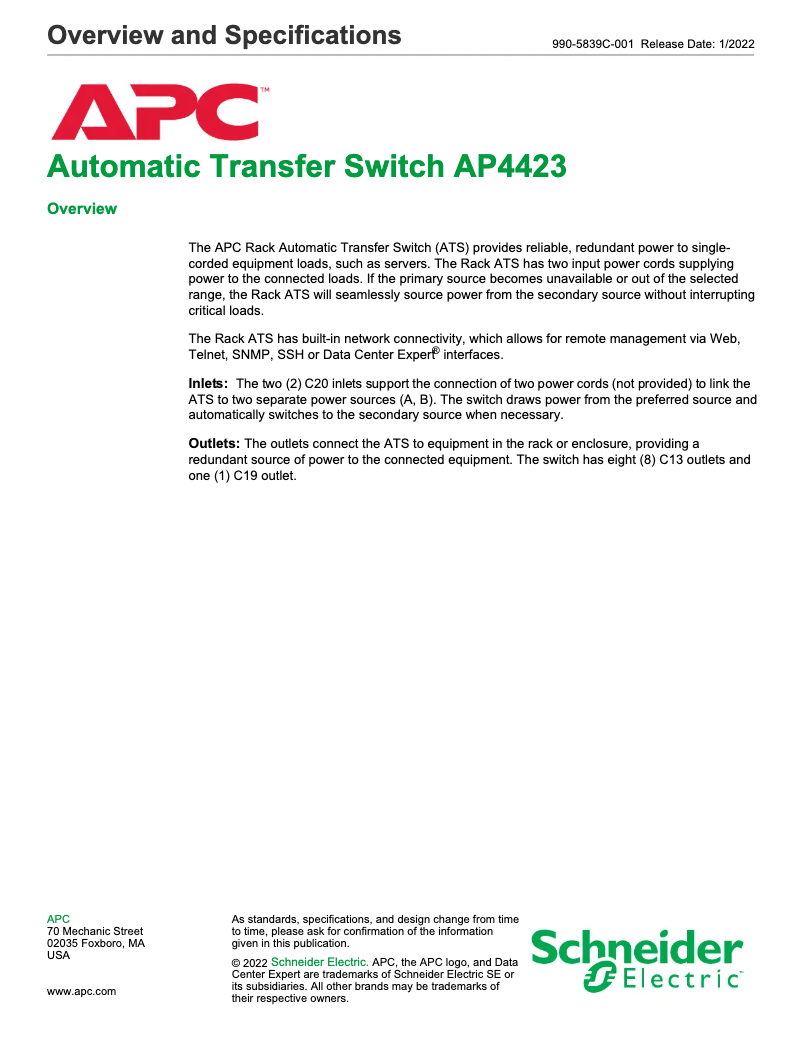Page 1 de la notice Fiche technique APC AP4423