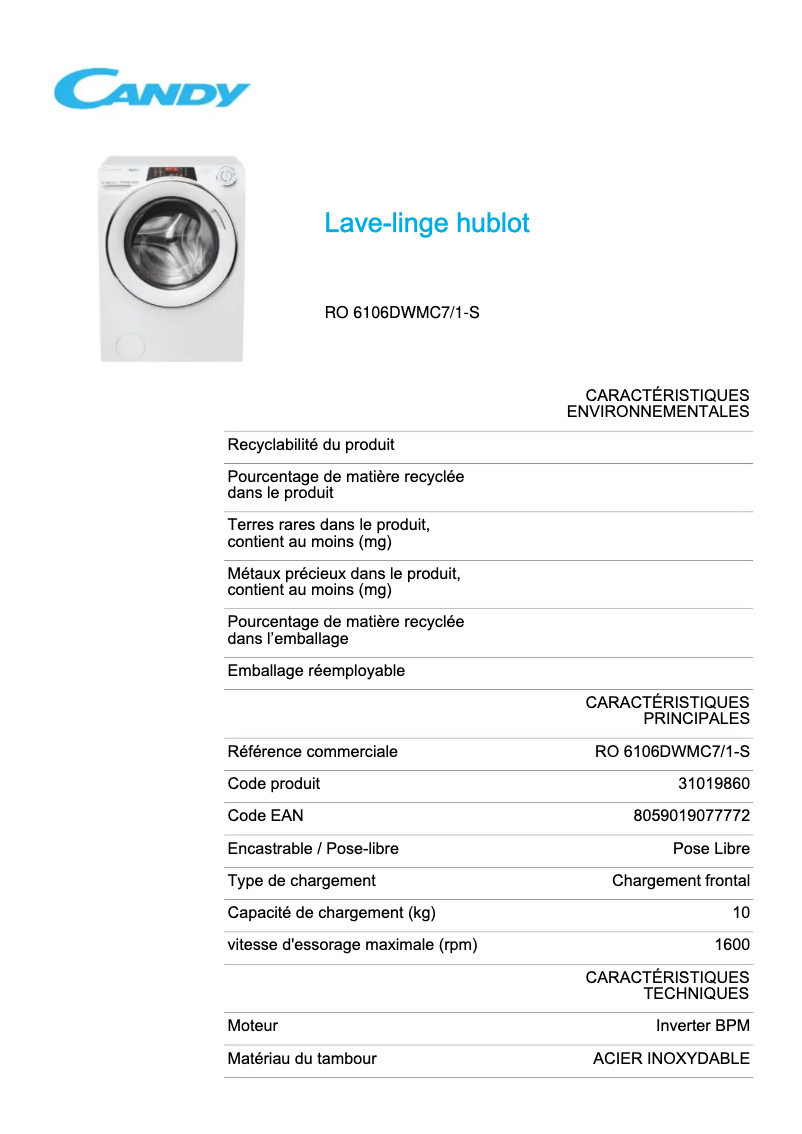Page 1 de la notice Fiche technique Candy RO 6106DWMC7/1-S