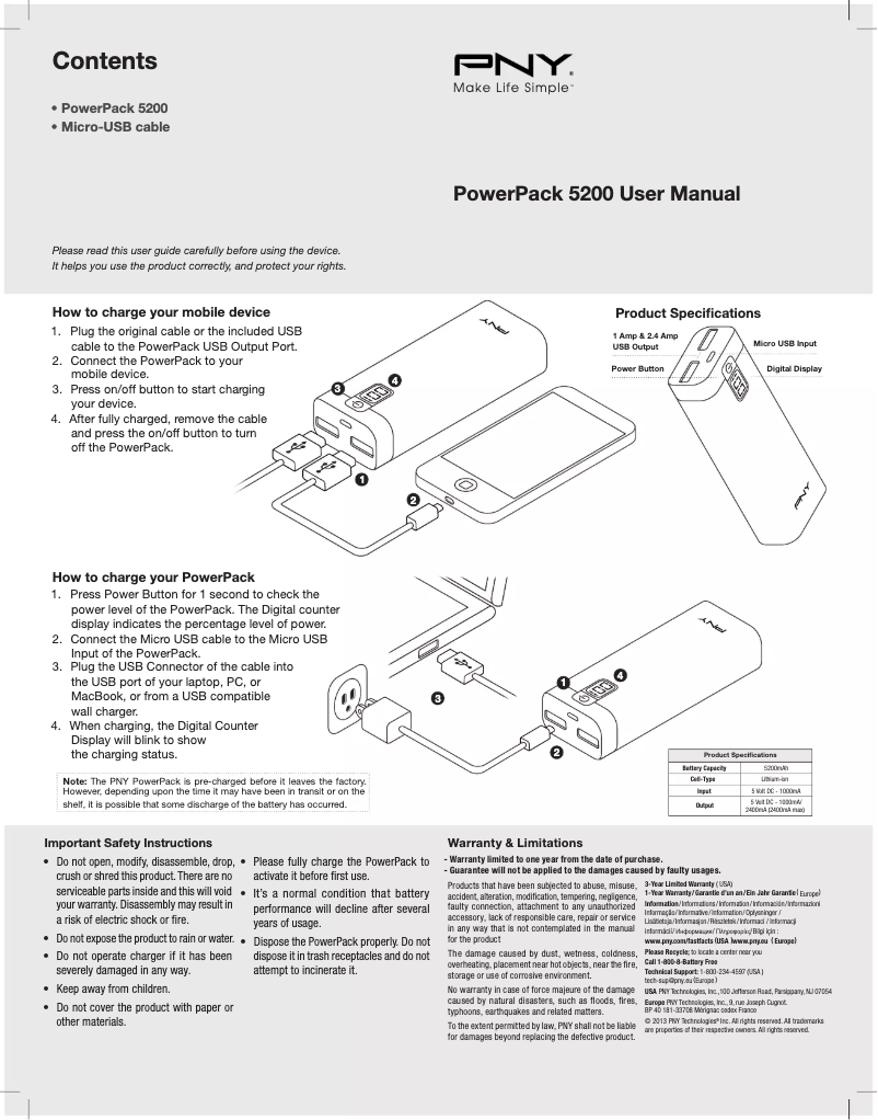 Page 1 de la notice Manuel utilisateur PNY PowerPack BD5200