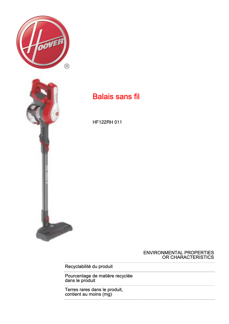 Page n°1 - Fiche technique Hoover H-FREE 100 HF122RH 011