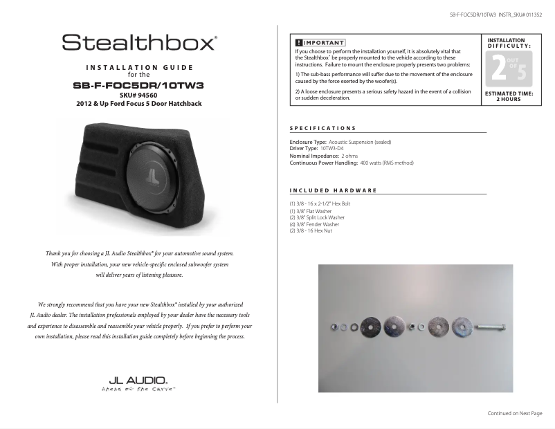 Page 1 de la notice Manuel utilisateur JL Audio Stealthbox SB-F-FOC5DR/10TW3