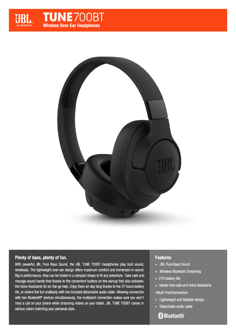 Page 1 de la notice Fiche technique JBL Tune 700BT