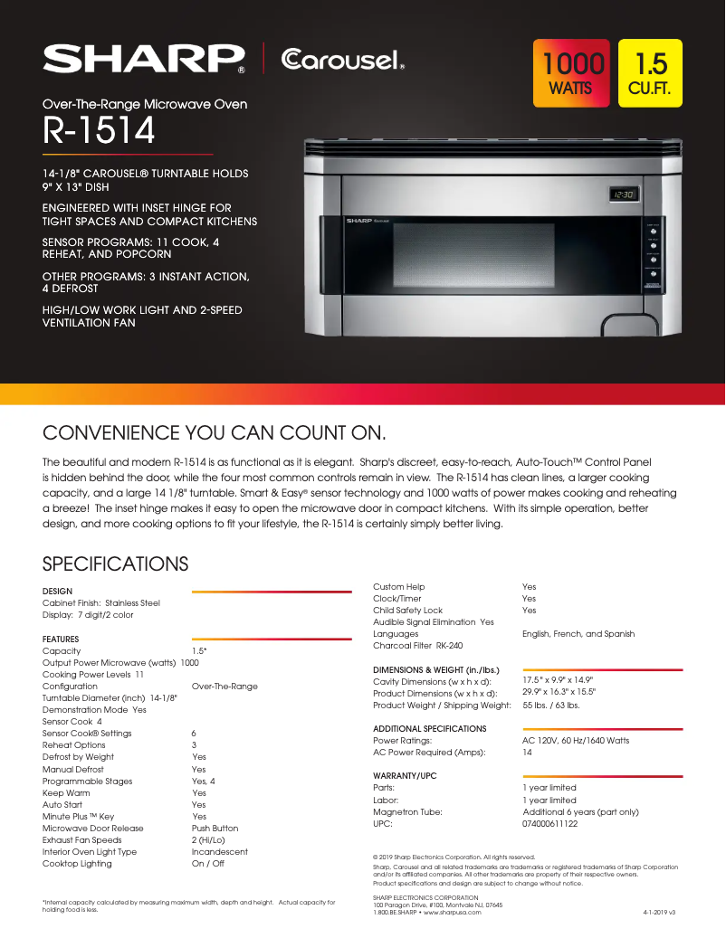 Page 1 de la notice Fiche technique Sharp R-1514