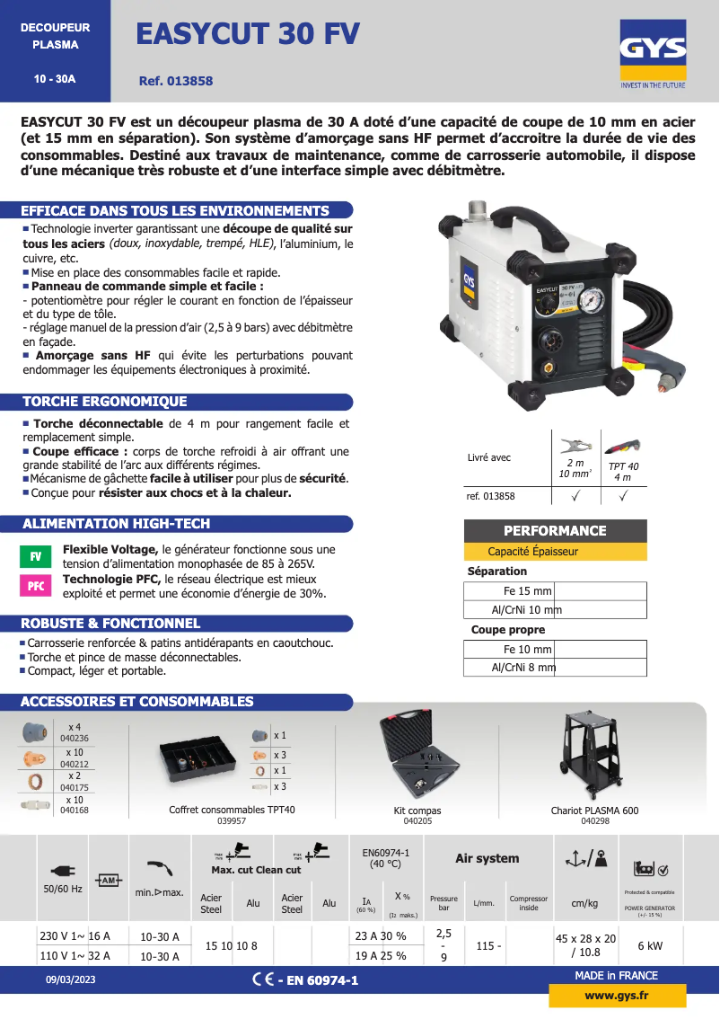 Page 1 de la notice Fiche technique GYS Easycut 30 FV