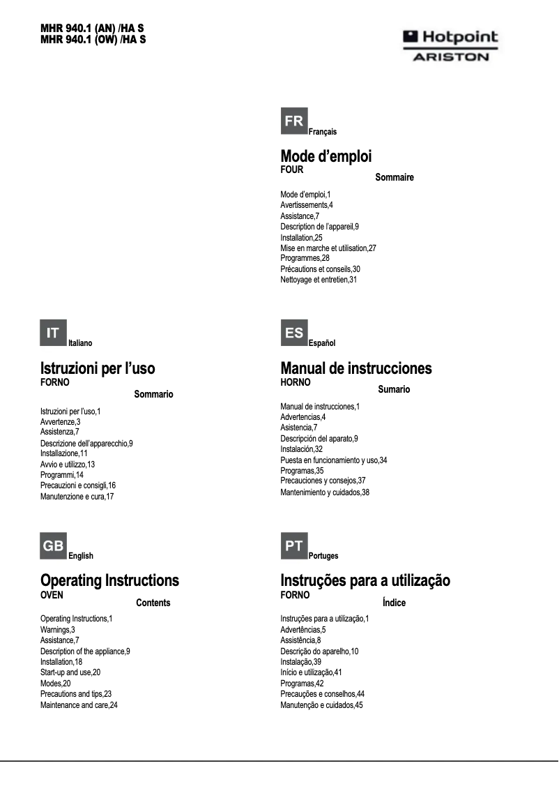 Página 1 del manual Manual de usuario Hotpoint Ariston MHR 940.1 (AN)/HA S