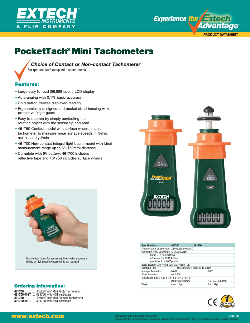 Page 1 de la notice Fiche technique Extech 461750