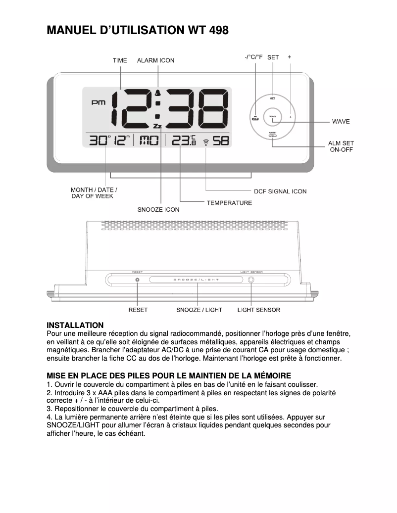Page 1 de la notice Manuel utilisateur Techno Line WT 498