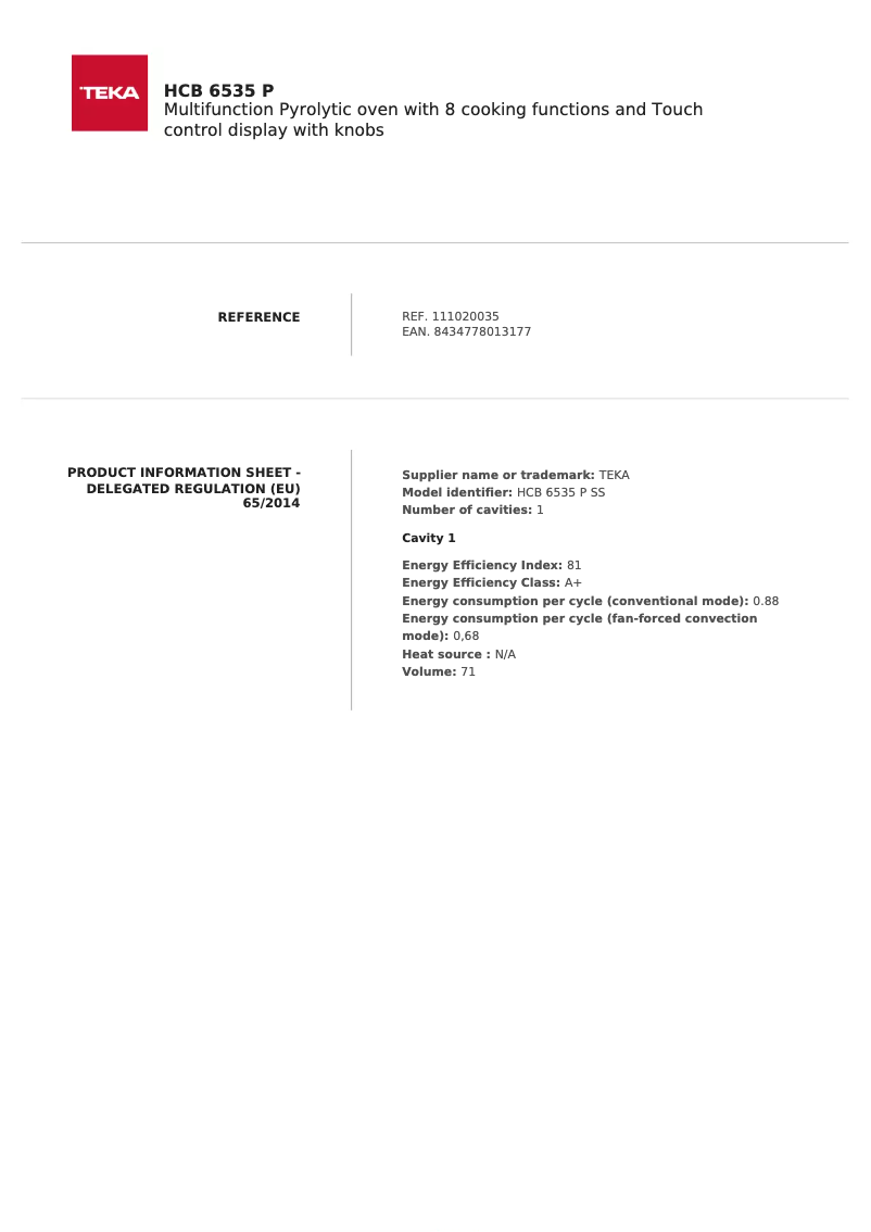 Page n°1 - Fiche technique Teka HCB 6535 P