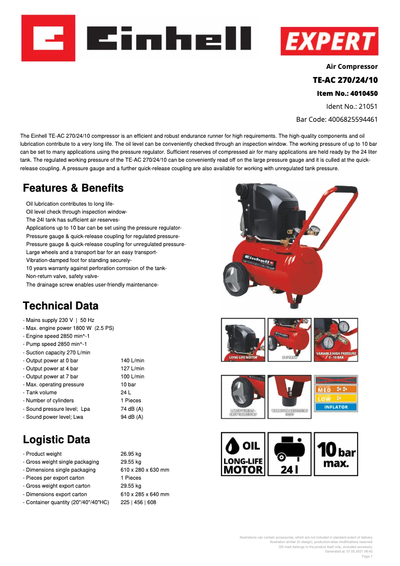 Page 1 de la notice Fiche technique Einhell TE-AC 270/24/10
