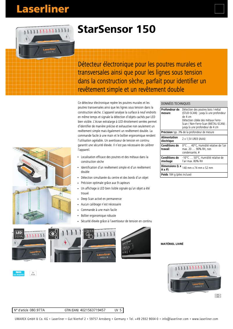 Page n°1 - Fiche technique Laserliner StarSensor 150