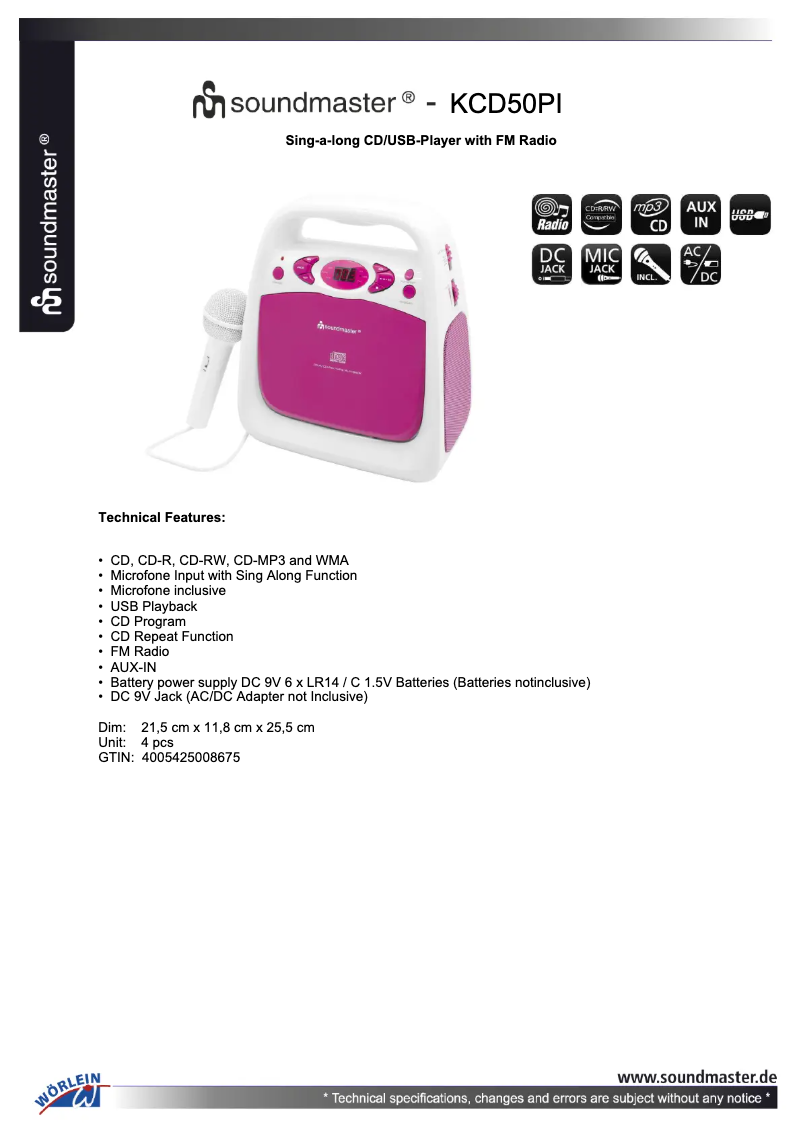 Page 1 de la notice Fiche technique Soundmaster KCD50