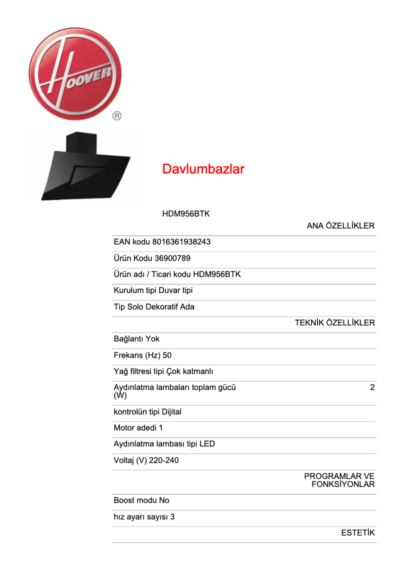 Page 1 of the manual Technical Sheet Hoover HDM956BTK