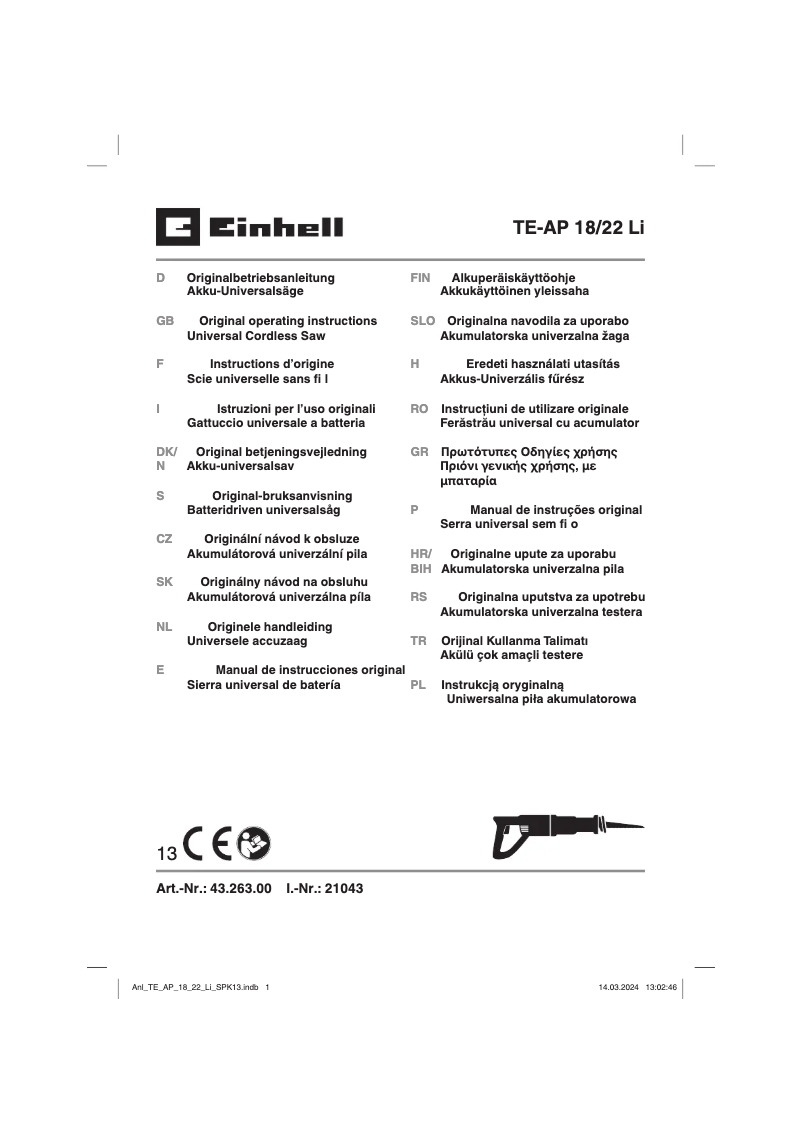 Image de la première page du manuel de l'appareil TE-AP 18/22 Li-Solo