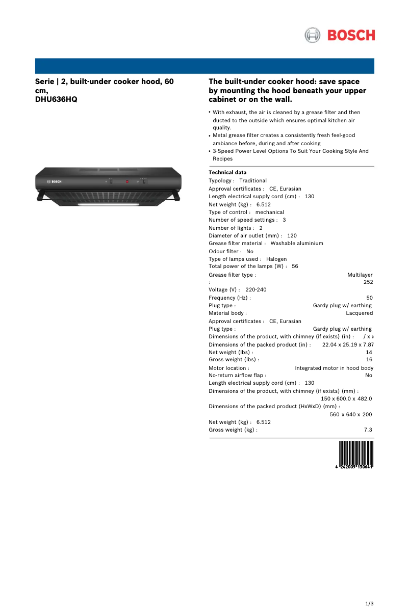 Página 1 del manual Ficha técnica Bosch DHU636HQ