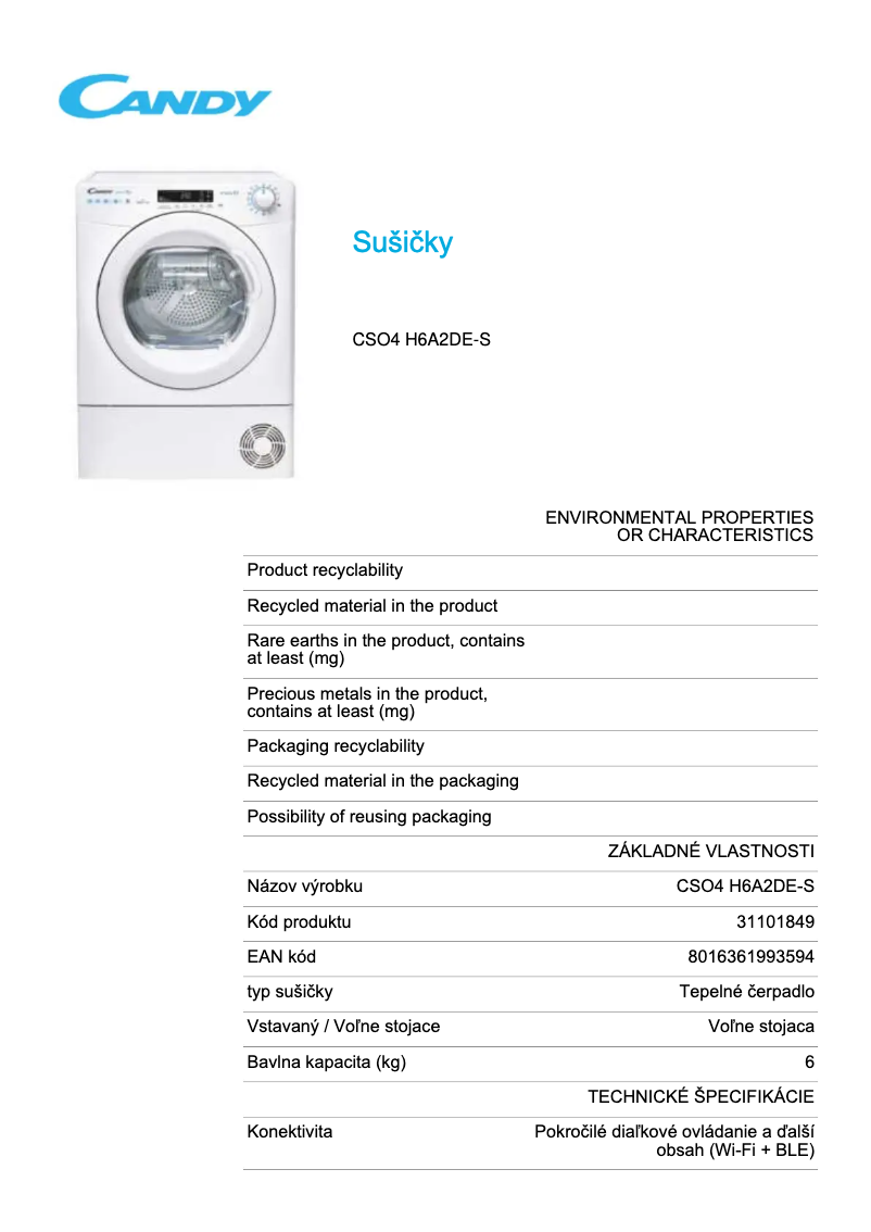 Page 1 de la notice Fiche technique Candy CSO4 H6A2DE-S