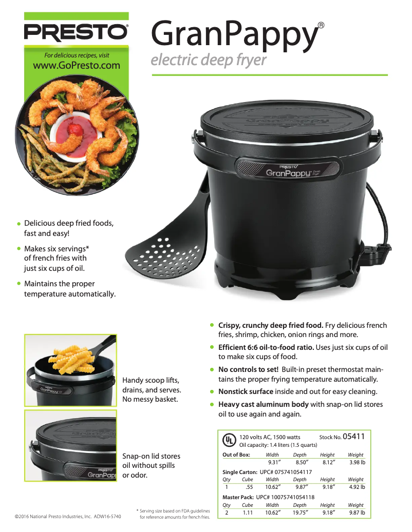 Page 1 de la notice Fiche technique Presto GranPappy 05411