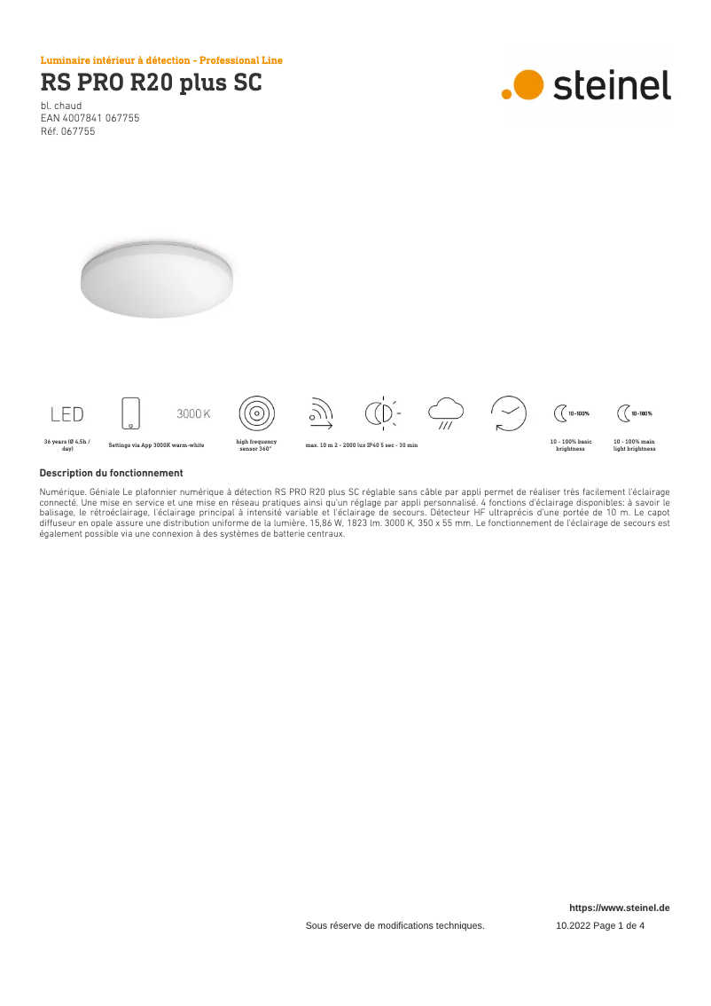 Page 1 de la notice Fiche technique Steinel RS PRO R20 Plus SC