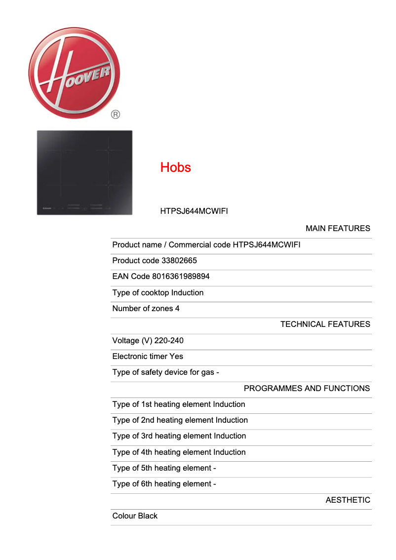 Page 1 de la notice Fiche technique Hoover H-HOB 500