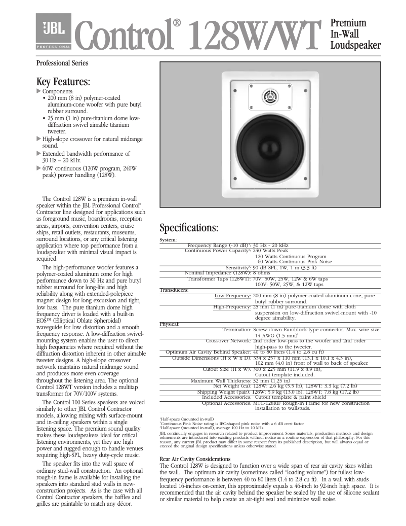 Page 1 de la notice Manuel utilisateur JBL Control 128W