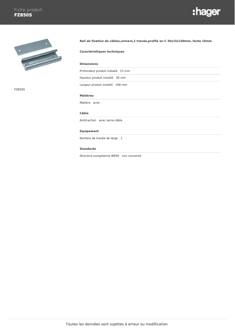 Page 1 de la notice Fiche technique Hager FZ850S