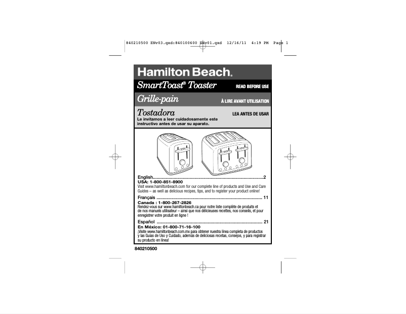 Page 1 de la notice Manuel utilisateur Hamilton Beach SmartToast 24444