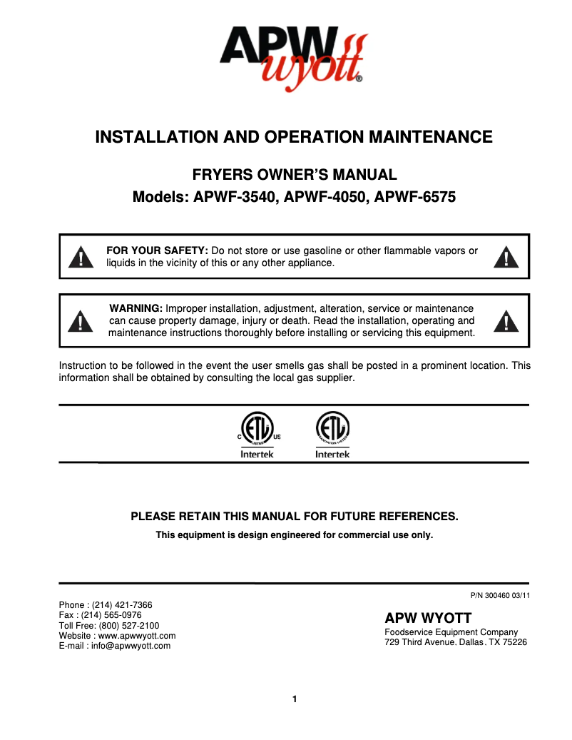Page n°1 - Manuel utilisateur APW Wyott APWF-4050