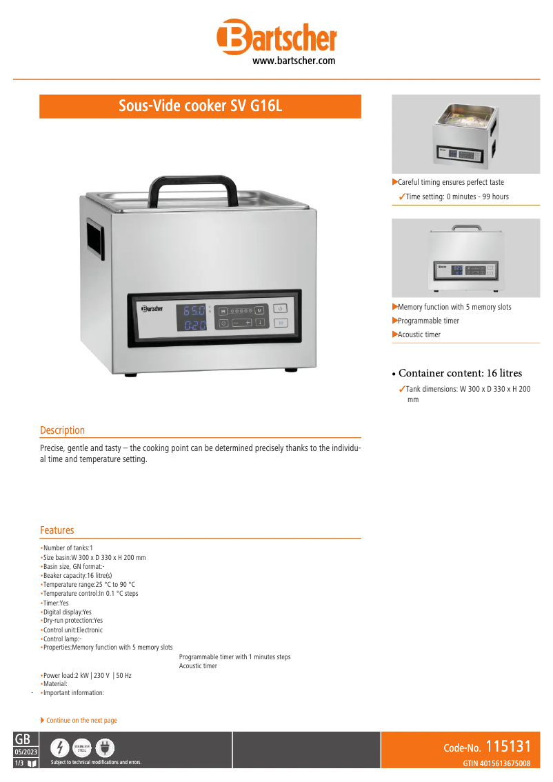 Página 1 del manual Ficha técnica Bartscher SV G16L