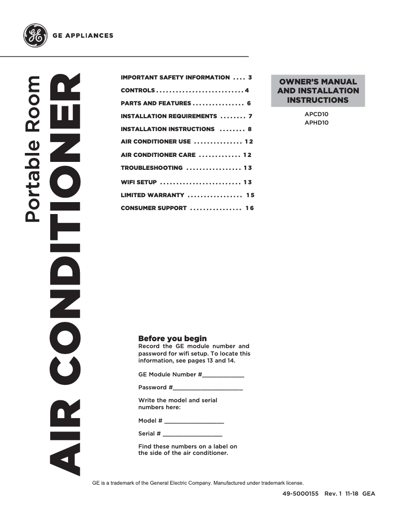 Page n°1 - Manuel utilisateur GE APHD10AXWB