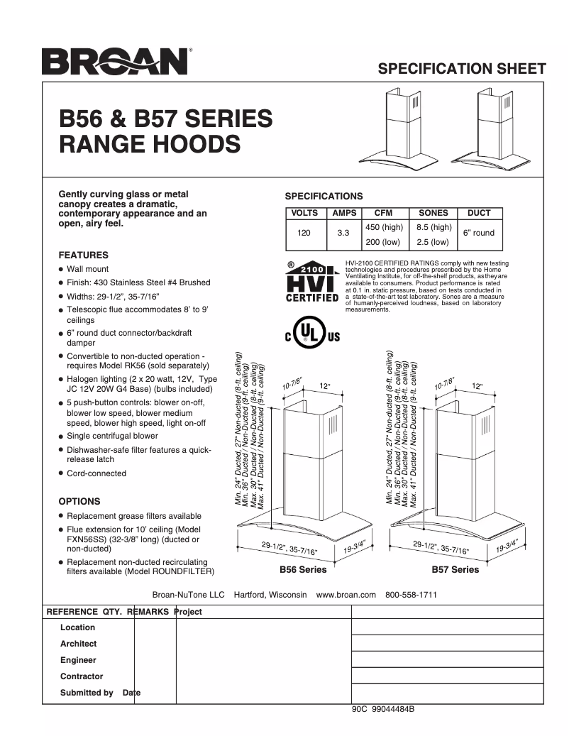 Page n°1 - Fiche technique Broan B5630SS
