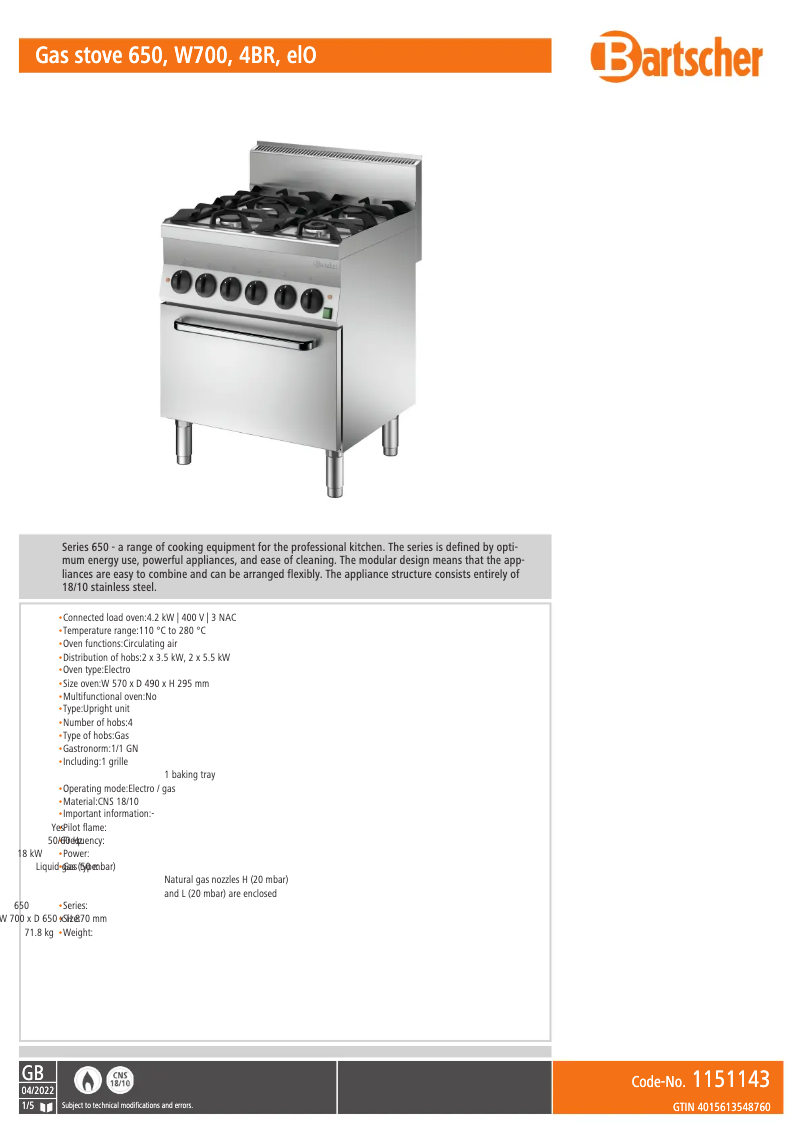 Page n°1 - Fiche technique Bartscher 112121