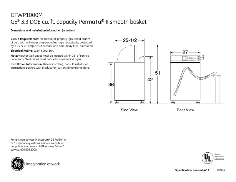 Image de la première page du manuel de l'appareil GTWP1000MWW