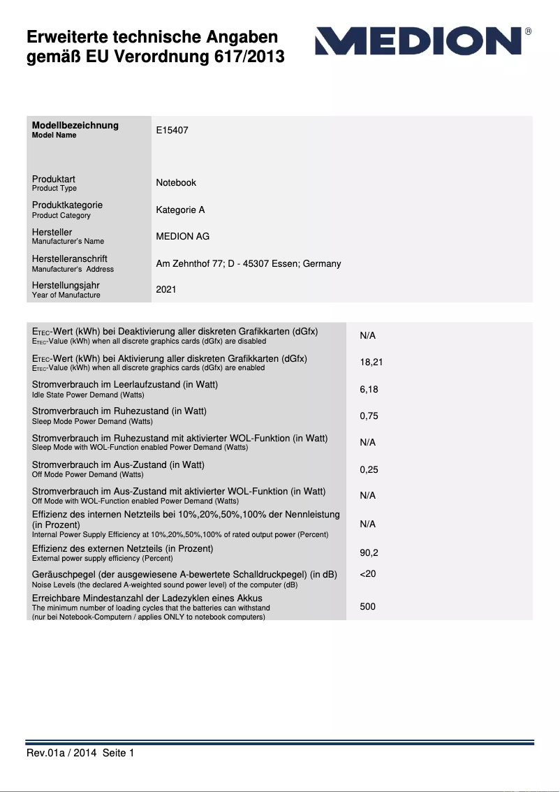 Page 1 de la notice Fiche technique Medion AKOYA E15408 (MD63690)