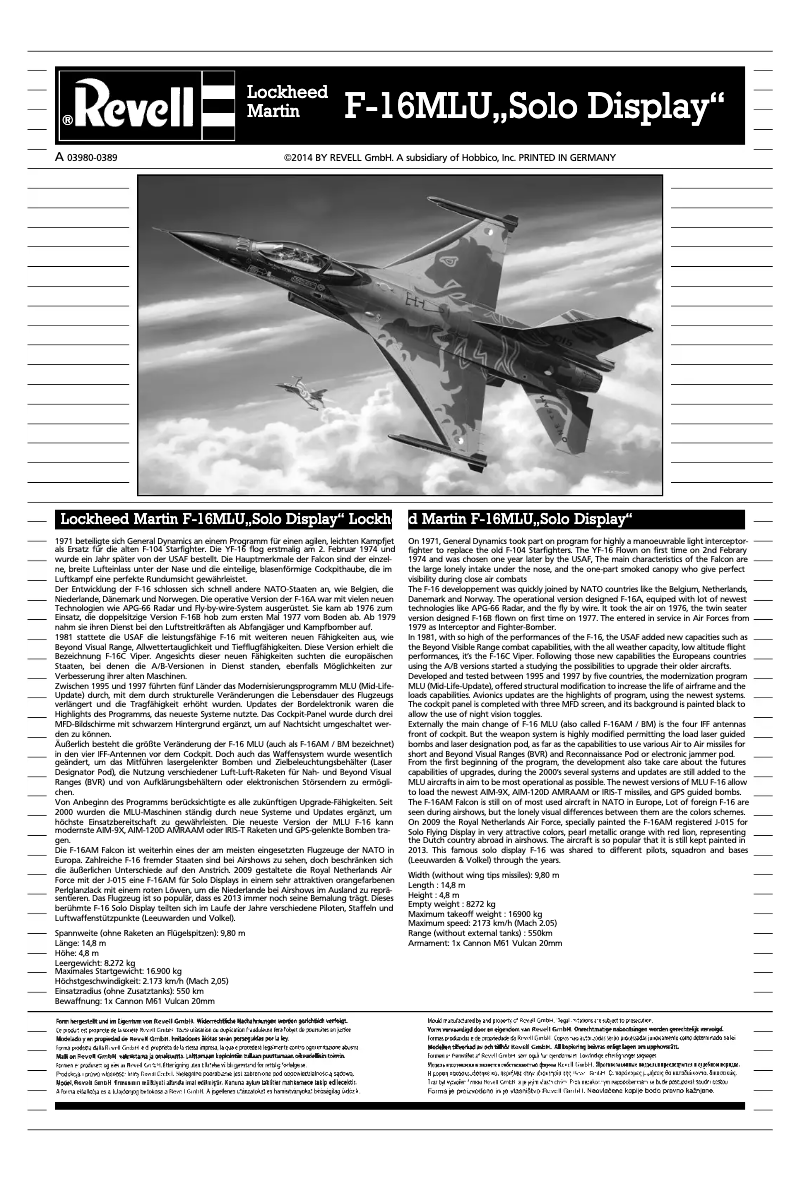 Page 1 de la notice Manuel utilisateur Revell F-16 Mlu