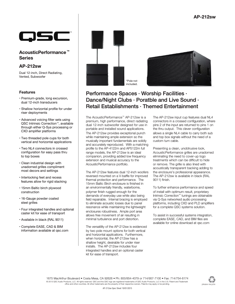 Página 1 del manual Ficha técnica QSC AP-212sw