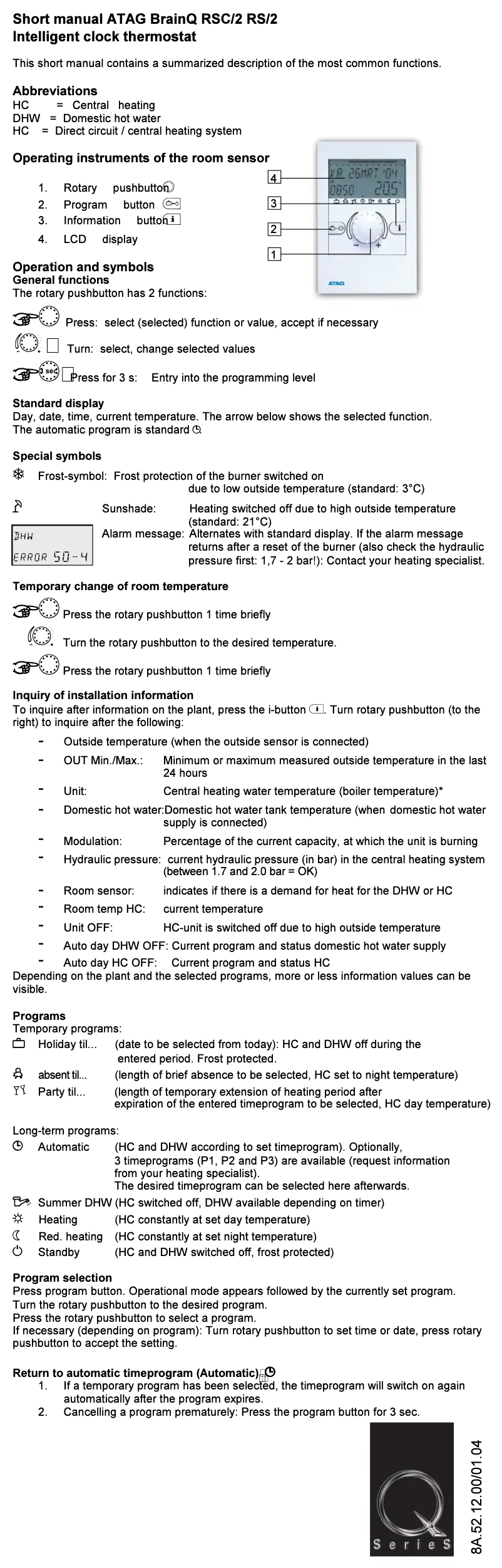 Page 1 de la notice Manuel utilisateur Atag BrainQ RSC2