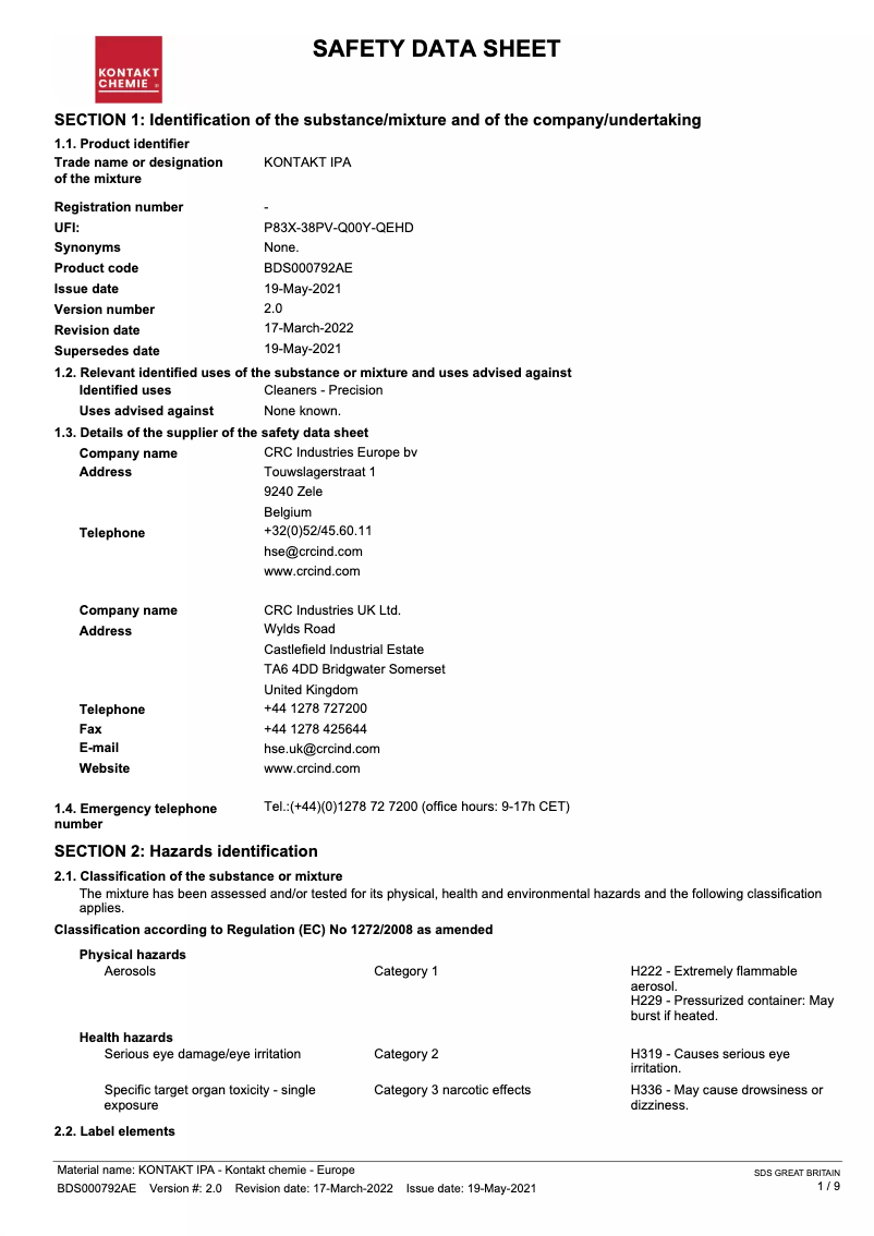 Page 1 de la notice Manuel utilisateur Kontakt Chemie KONTAKT IPA