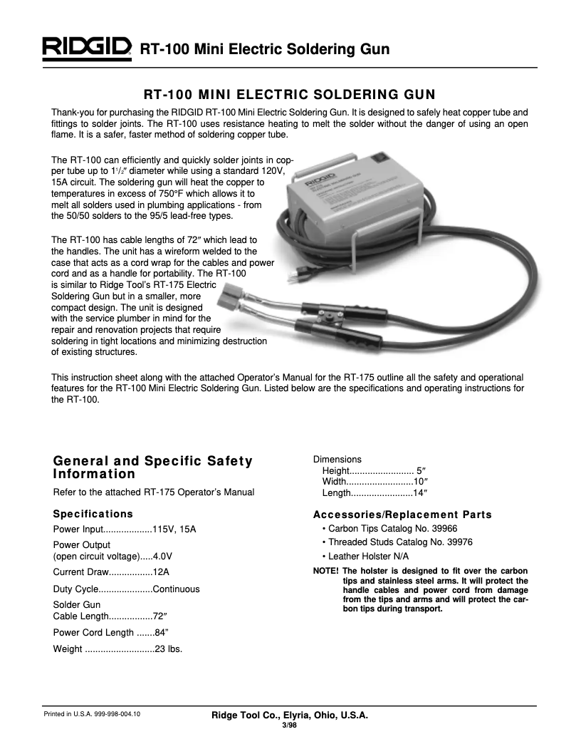 Page 1 de la notice Manuel utilisateur Ridgid RT-100