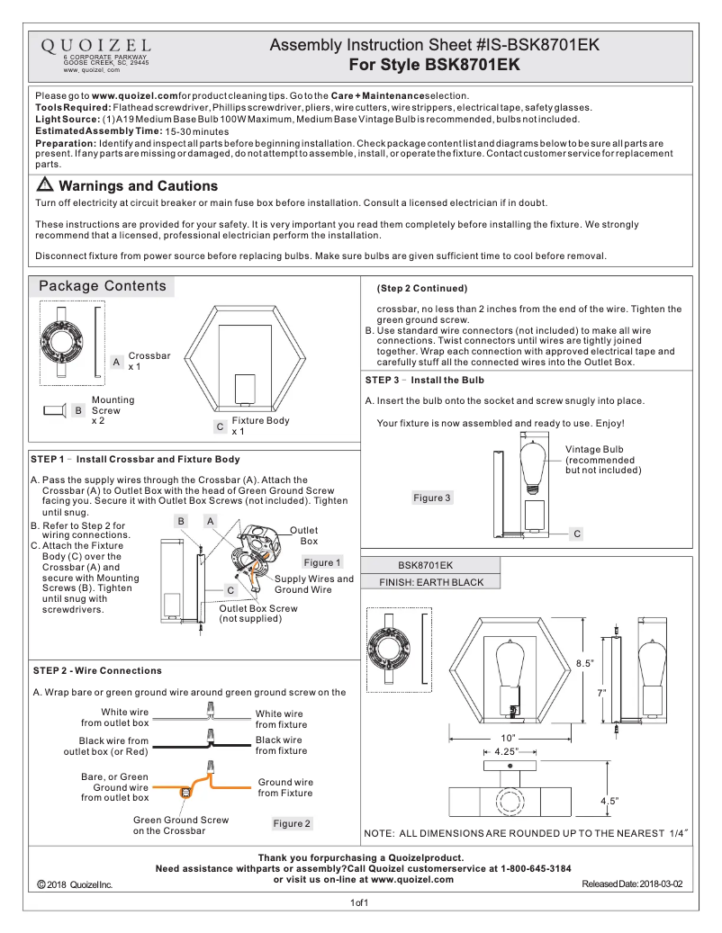 Page 1 de la notice Manuel utilisateur Quoizel Bismarck BSK8701EK