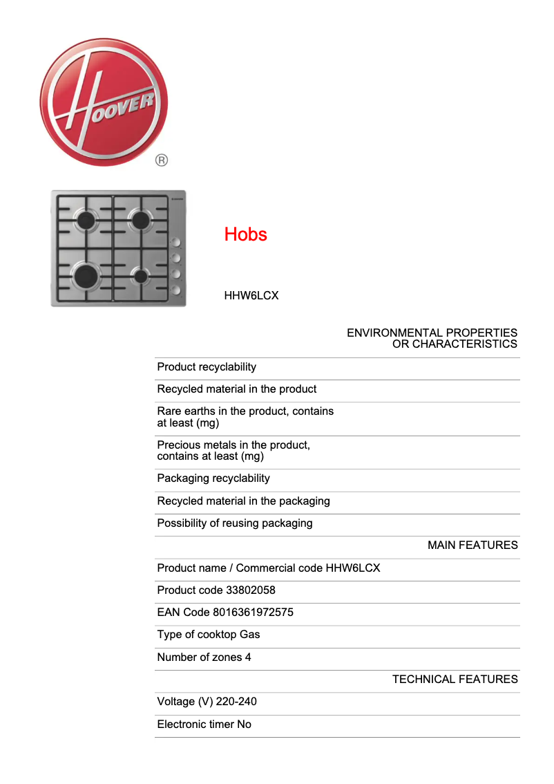 Page 1 de la notice Fiche technique Hoover HHW6LCX
