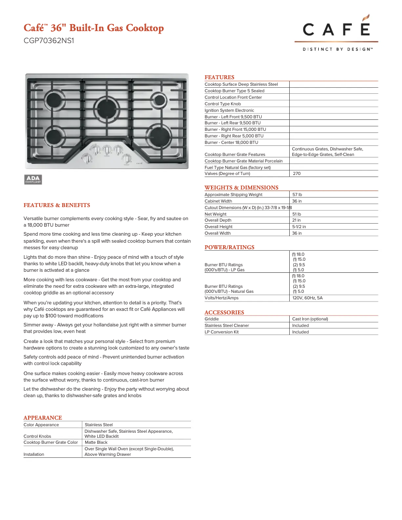 Page 1 de la notice Fiche technique GE CGP70362NS1