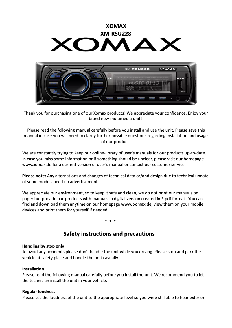 Page 1 de la notice Manuel utilisateur Xomax XM-RSU228