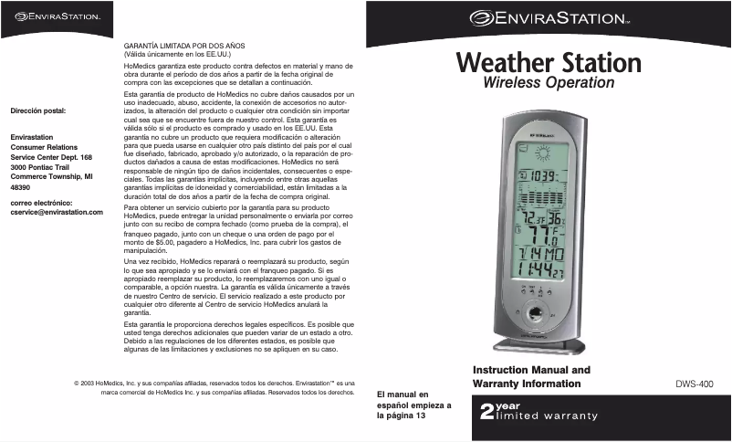 Page 1 de la notice Manuel utilisateur EnviraStation DWS-400